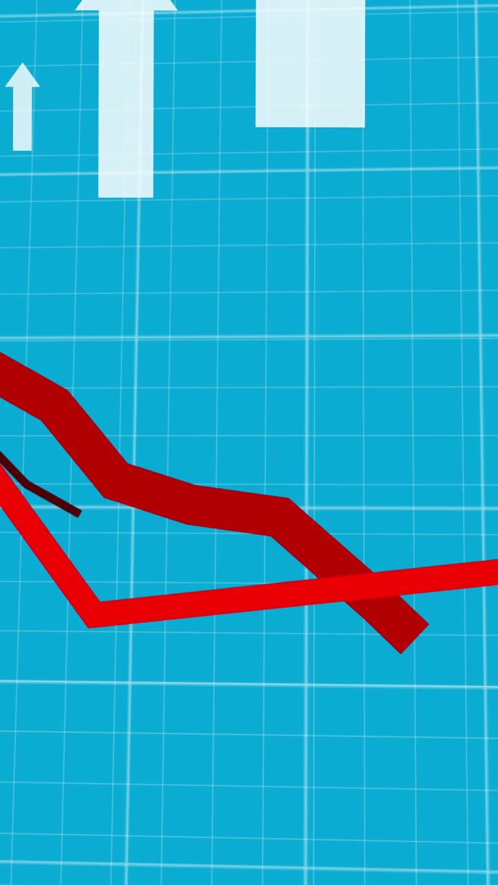 Animation of red lines and white arrows pointing up moving over grid on blue background