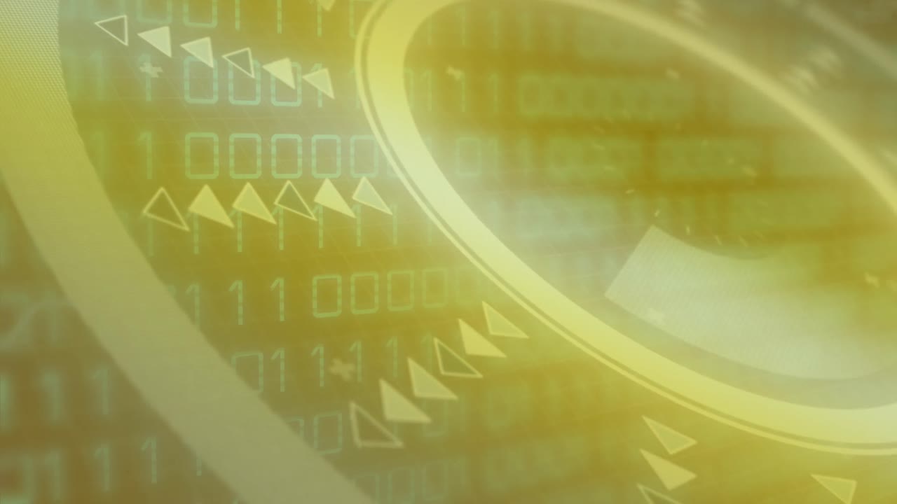 노란색 배경에 대한 둥근 스캐너 및 이진 코딩 데이터 처리의 애니메이션