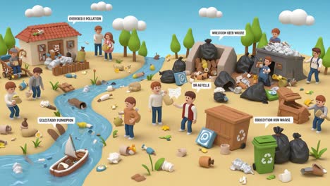 a colorful illustration highlighting the impact of pollution and waste management, featuring characters engaging in eco-friendly practices around a lively landscape