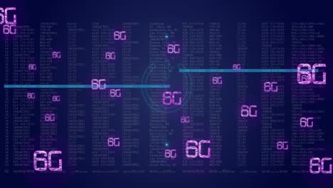 Animación-De-Múltiples-Pancartas-De-Texto-De-6-G-Y-Un-ícono-De-Energía-De-Neón-Contra-El-Procesamiento-De-Datos-Sobre-Fondo-Azul