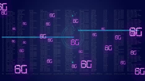 Animation of multiple 6g text banners and neon power icon against data processing on blue background
