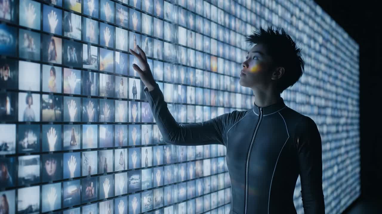 Woman interacting with a large touchscreen display