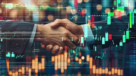 two men shaking hands in front of a stock market chart