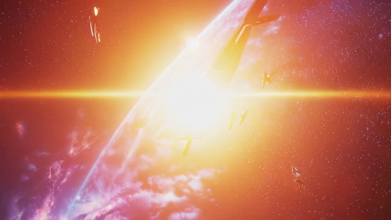 우주선들이 지구 위에서 우주 전투에 참여하고 있습니다.