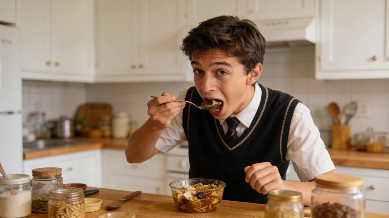 Eating teen bringing spoon, chewing then reaching jar, scooping from glass bowl at kitchen, uniform