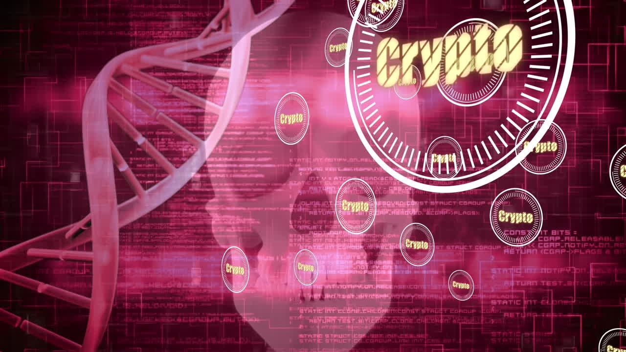 검은 바탕에 데이터 처리를 통해 두개골과 dna 줄의 애니메이션