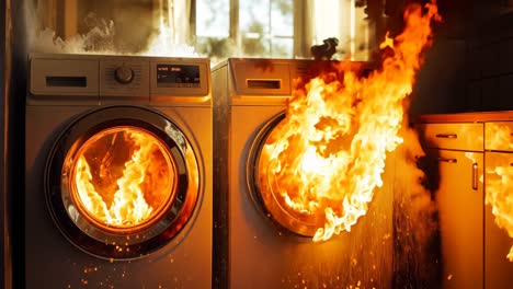 una máquina de lavar ardiendo en una cocina con un fuego saliendo de ella