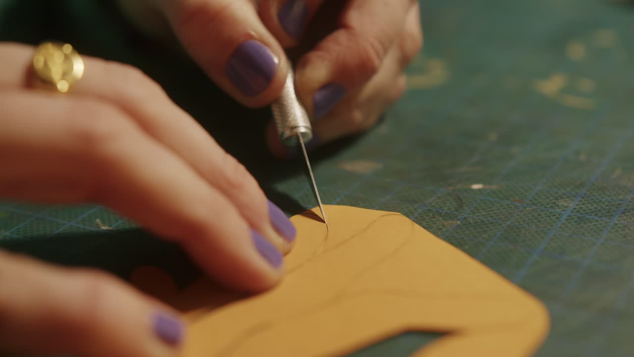 artista cortando una hoja de papel de color con una herramienta de precisión