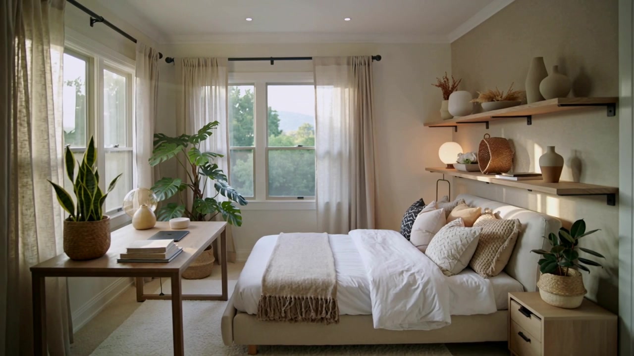 Una telecamera panoramica rivela un letto allestito e scaffali in una camera da letto, mentre la brezza muove tende e piante.