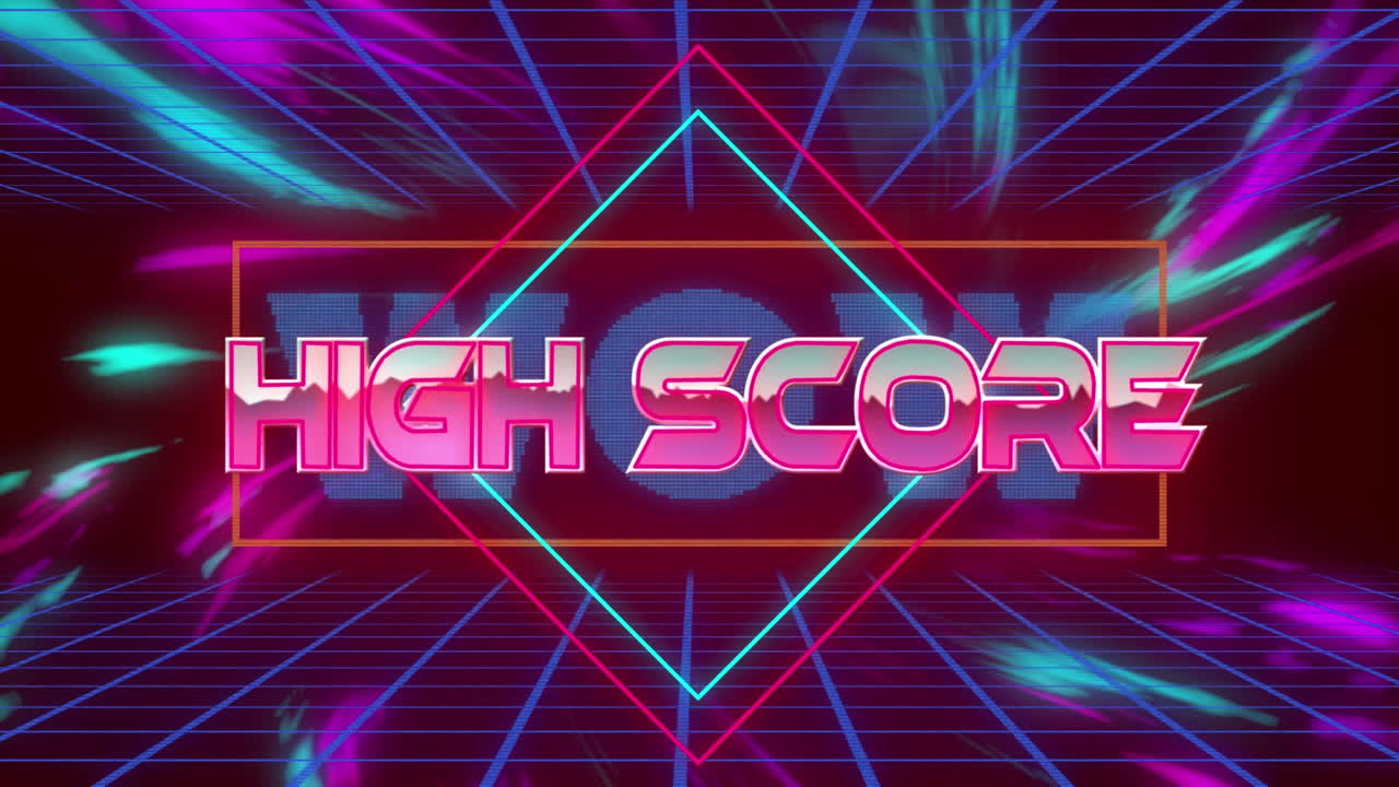 Teksten 'High score' over neonbanner mod digitale bølger og gittermønster på rød baggrund