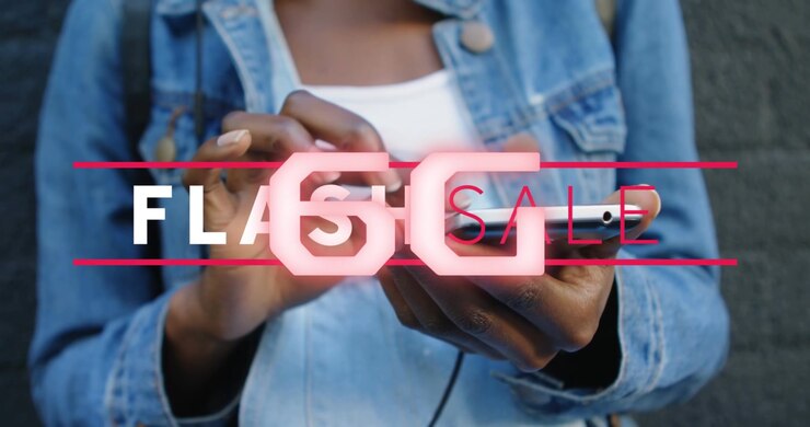 Animazione del testo "flash sale" e del testo "6G" su una donna afroamericana che usa uno smartphone.