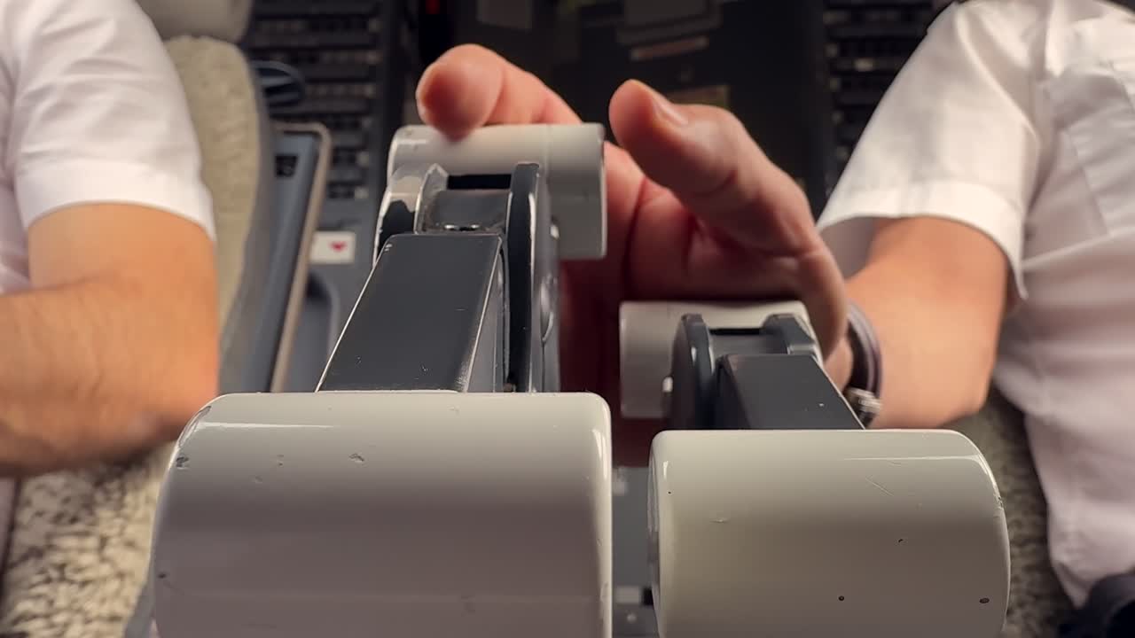 Extreme closeup view, low angle, of the hand of a pilot adjusting the engine throttle levers in a modern jet cockpit taxiing with only one engine to save fuel