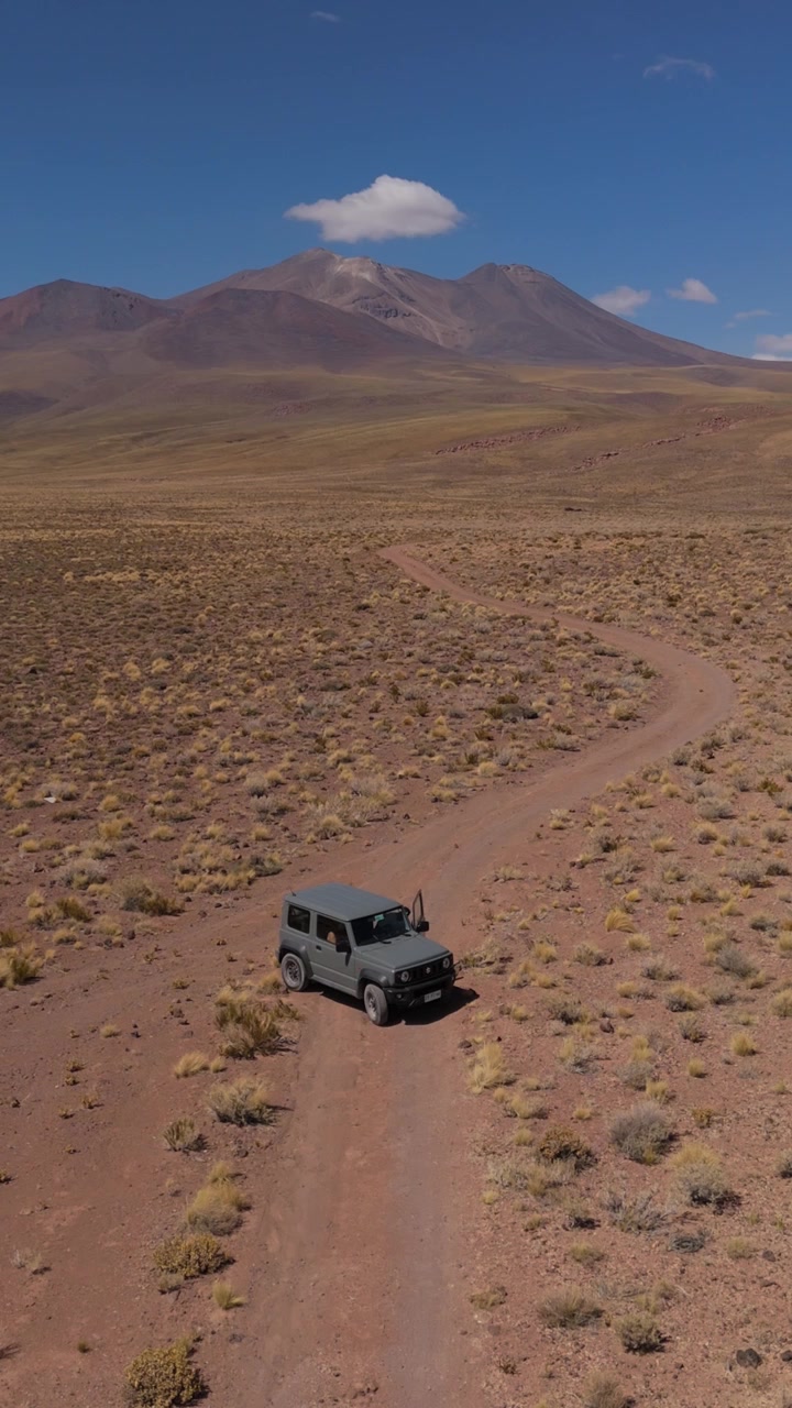 SUV compatto fuoristrada su pista desertica sotto le montagne nel deserto di Atacama, ripresa verticale statica con drone mentre il conducente entra