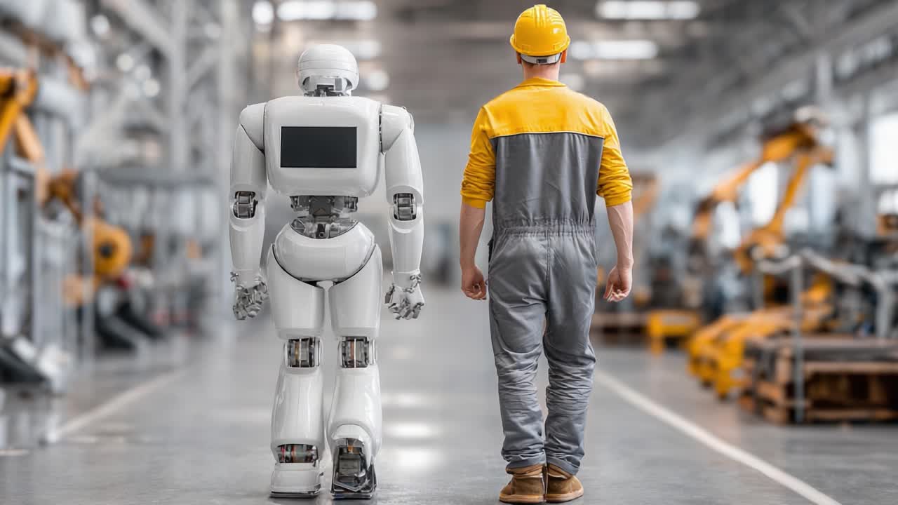 A Human and Robot Collaborate in a Modern Industrial Setting, Symbolizing the Integration of Automation and Human Workers in Future Work Environments