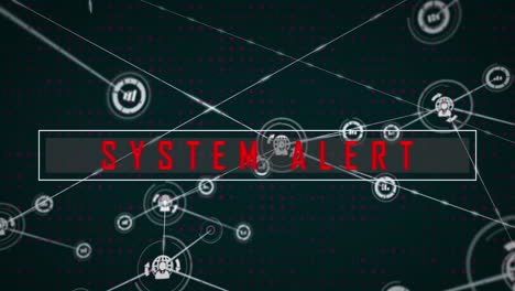 Animation of system alert text and connected person with globe and graph icons