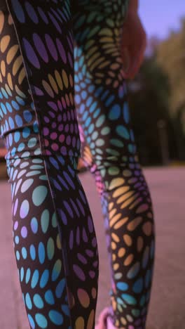 mujer estirándose en leggings coloridos