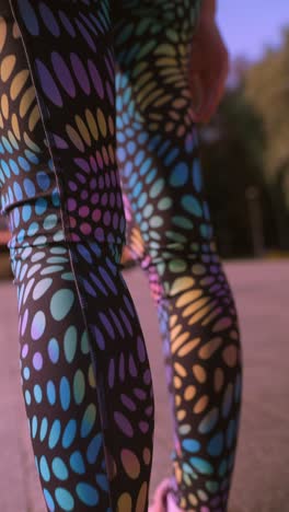 woman stretching in colorful leggings