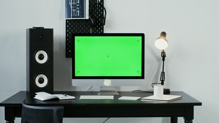 Spazio di lavoro moderno con monitor per computer a schermo verde