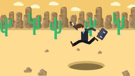 business man jump over the hole. background of desert. risk concept. loop illustration in flat style.