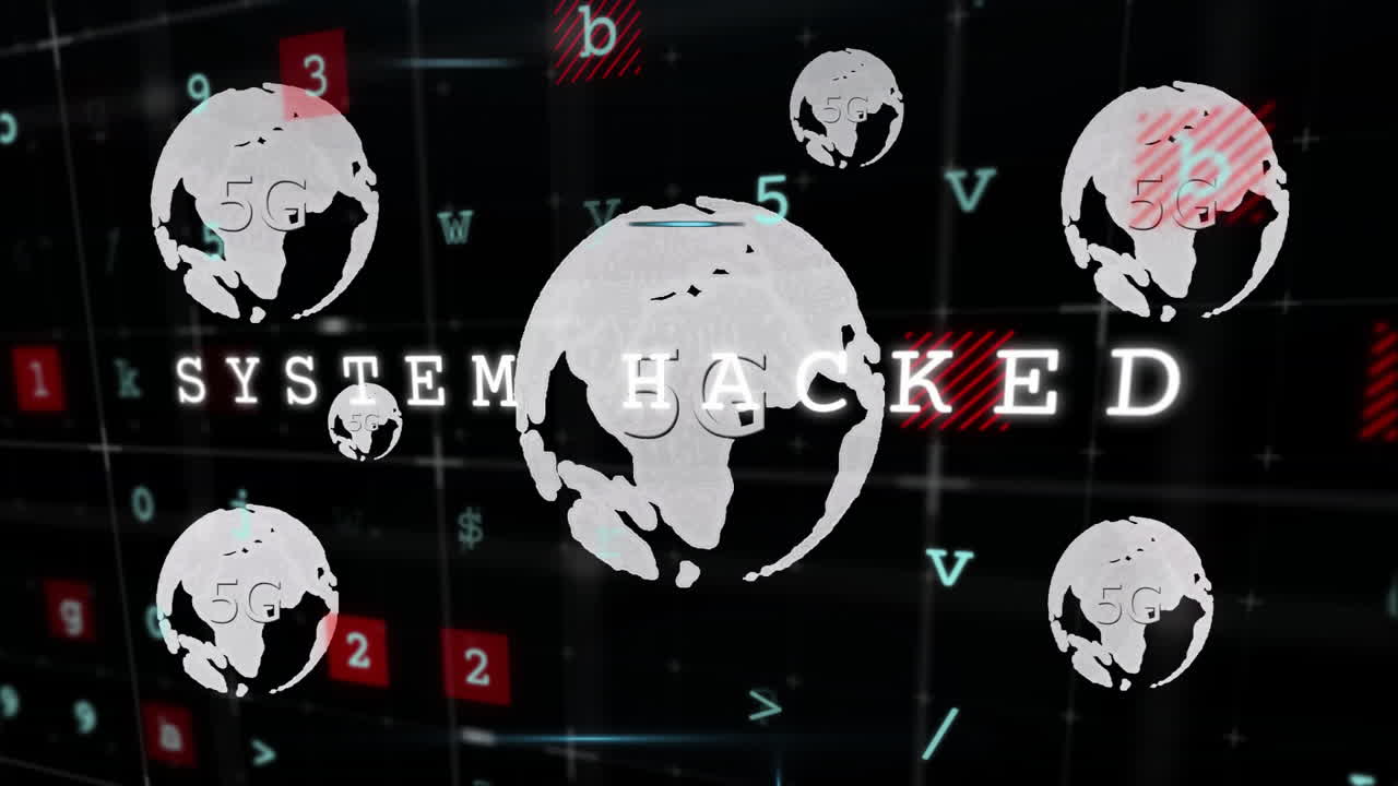 System hacked text animation over multiple globes and digital symbols