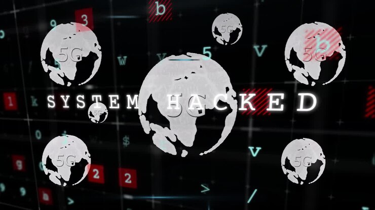 System hacked text animation over multiple globes and digital symbols