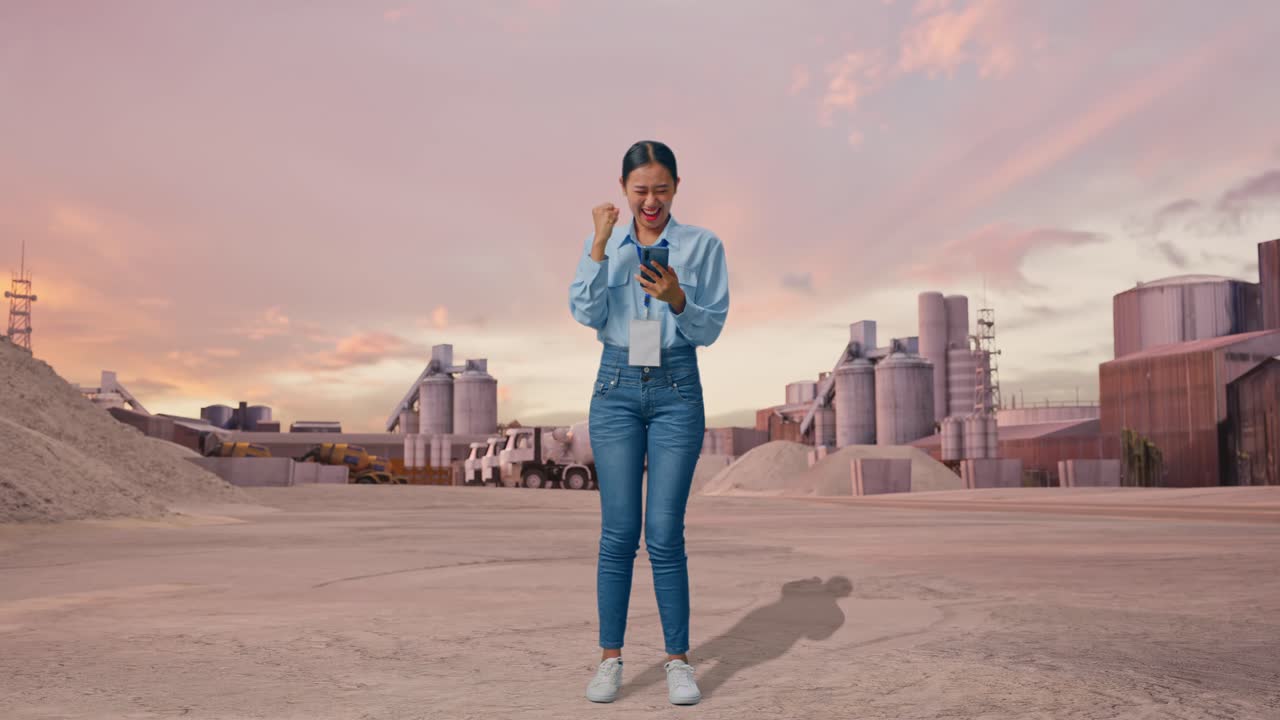 Donna asiatica a figura intera con il suo smartphone in un cementificio industriale al tramonto, alza il pugno con un grido di vittoria.