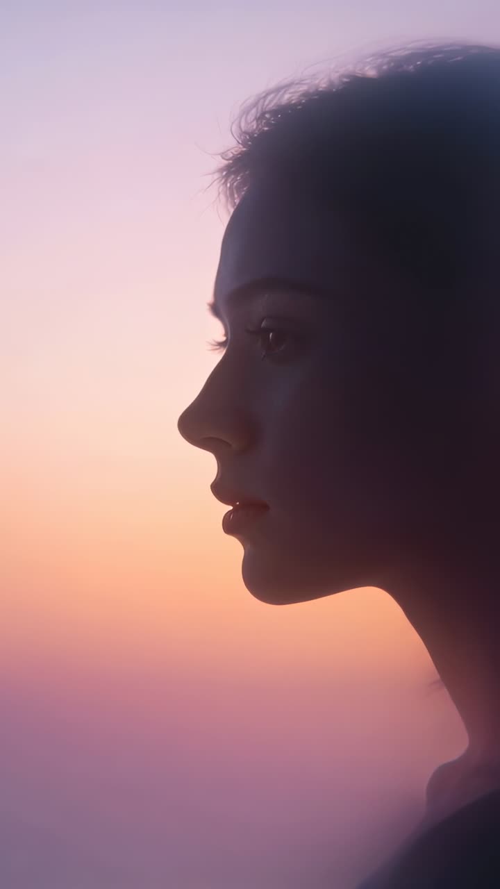 Video vertical: Cámara se aleja revelando a una mujer con top oscuro contemplando el cielo al amanecer, con espacio para texto.