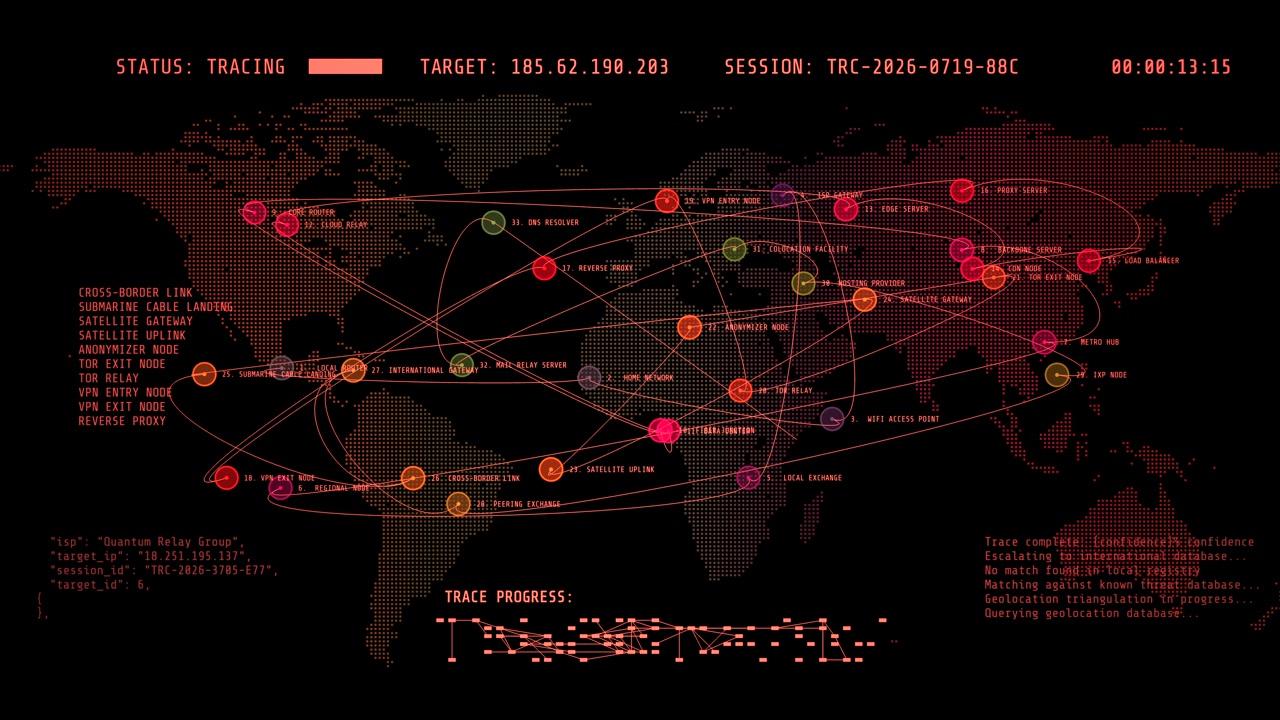 An orange cyberpunk matrix style digital map tracking global IP routes, cyberattack trace progress loops, and active target server connections.