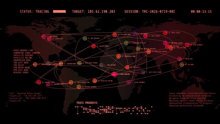 An orange cyberpunk matrix style digital map tracking global IP routes, cyberattack trace progress loops, and active target server connections.