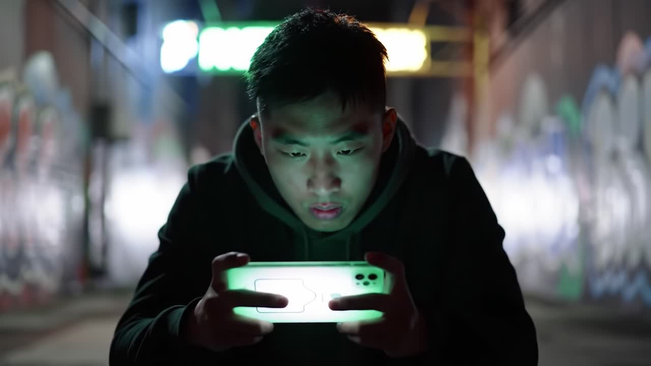Captivated Gamer Engrossed in Mobile Entertainment, Illuminated by the Phone's Glow in a Vibrant Urban Alley, Showcasing the Power of Digital Interaction and Engagement