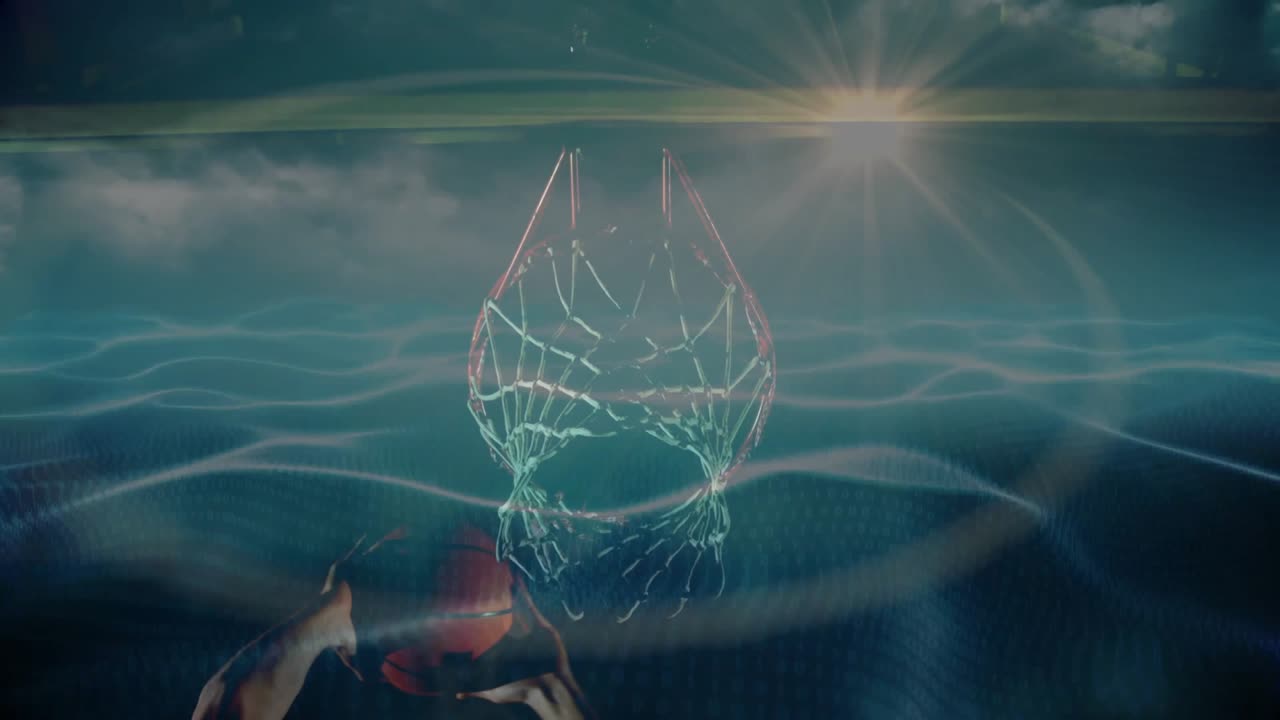 Wireframe basketball hoop net being rendered glowing 3D over blue waves with neon spotlight flares