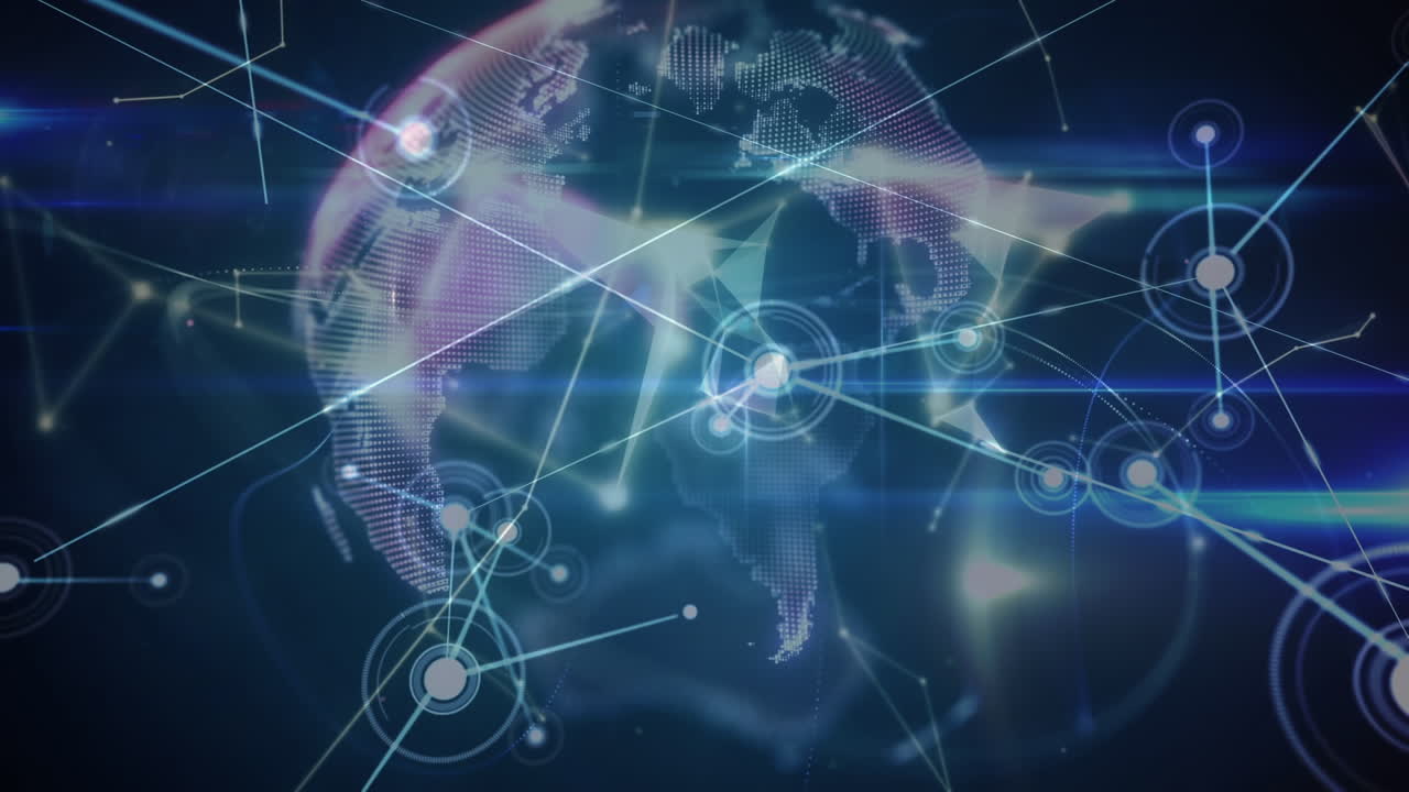 animación de la red de conexiones con iconos y globo sobre fondo azul