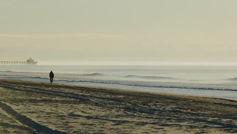 cinematic wide shot of man walking along sandy beach early in the morning during sunrise