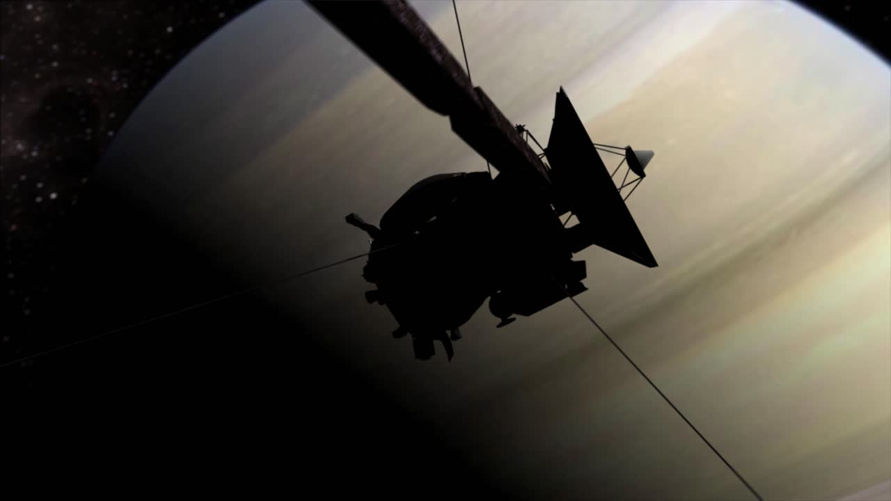 토성 주위를 공전하는 카시니 우주선의 고품질 3d cgi 애니메이션 렌더링