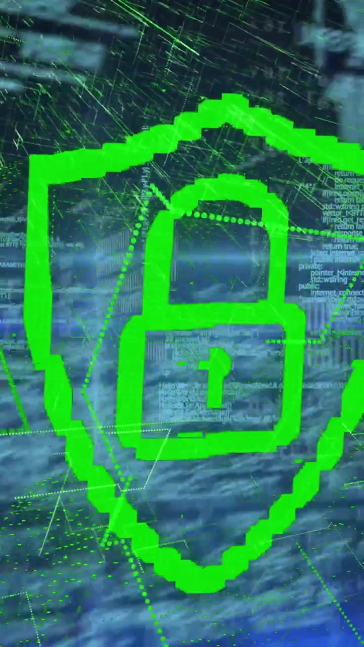 Animation of data processing and digital padlock on black background