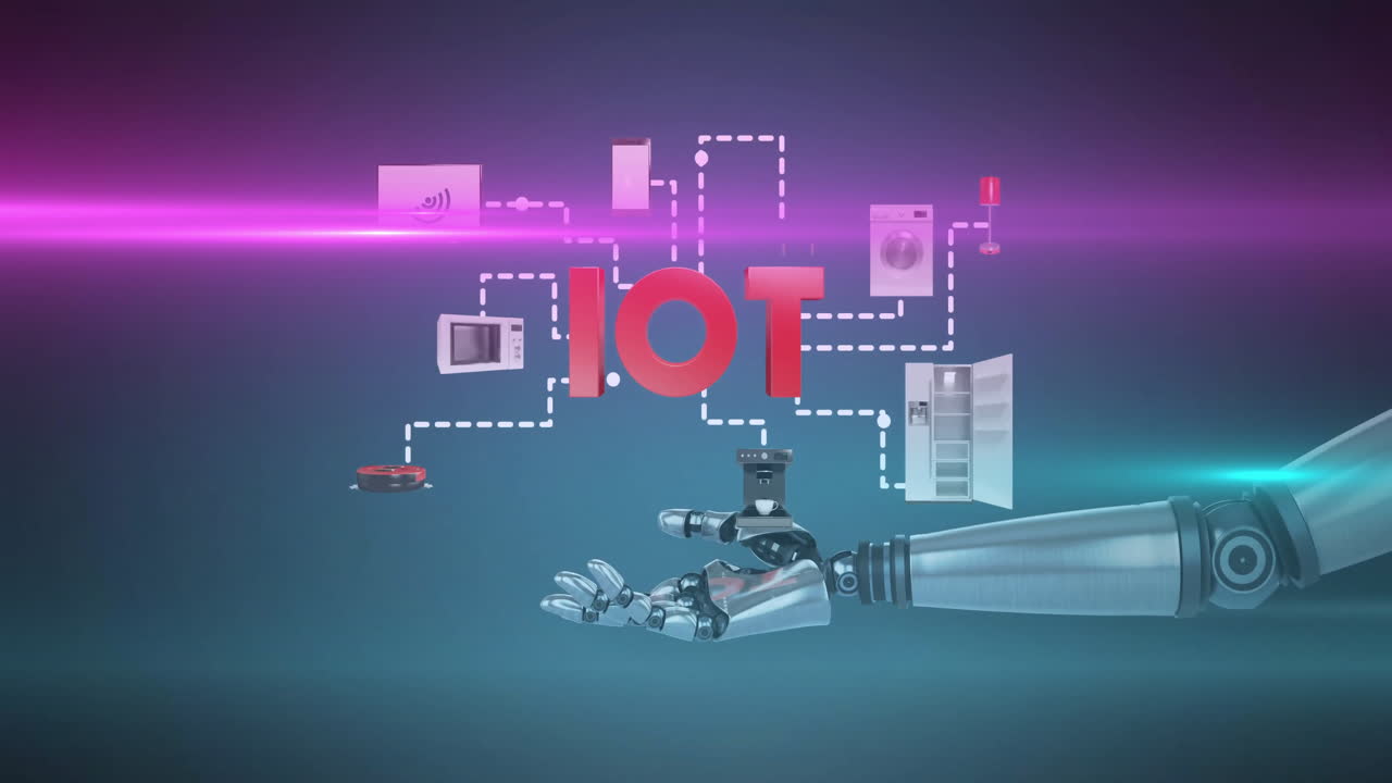 Brazo robótico con animación de dispositivos IoT sobre un fondo azul