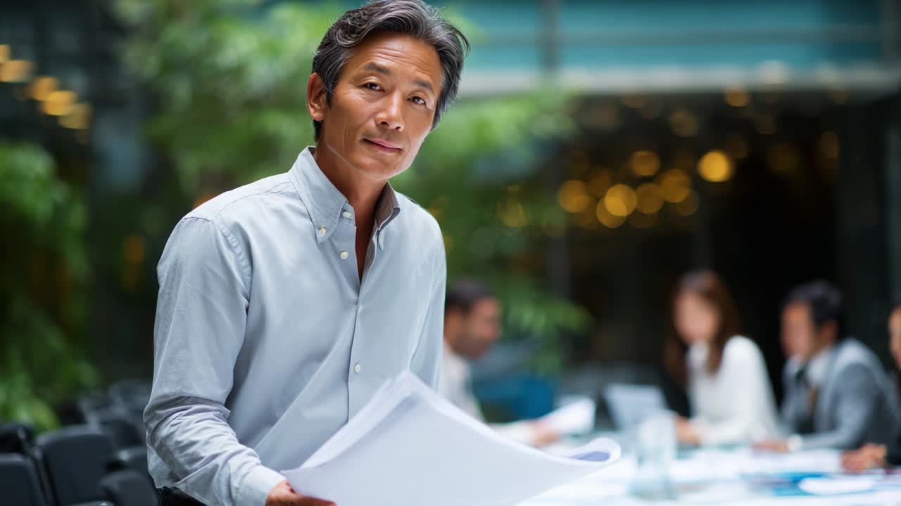 A focused professional in a modern workspace, holding project plans and analyzing them while engaging with colleagues during a strategic meeting; capturing the essence of teamwork, collaboration, and productivity