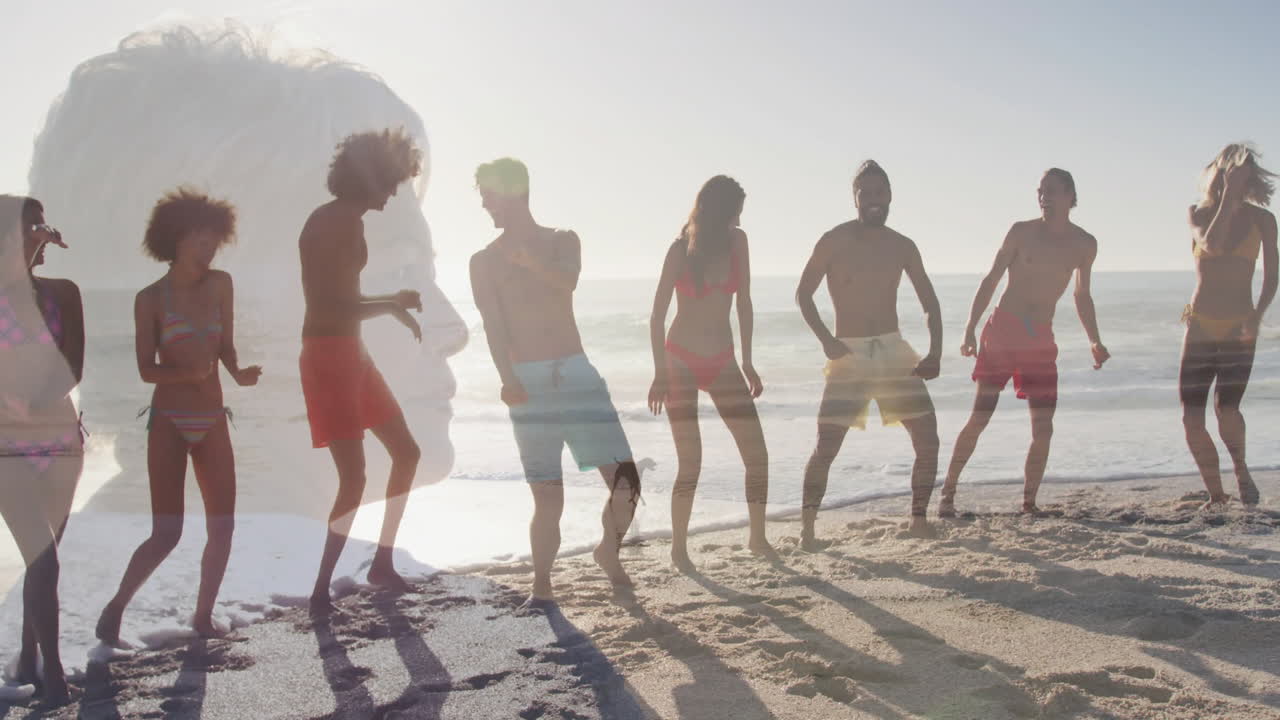 adults dancing on beach with waves, showing double-exposure elderly woman face in marketing