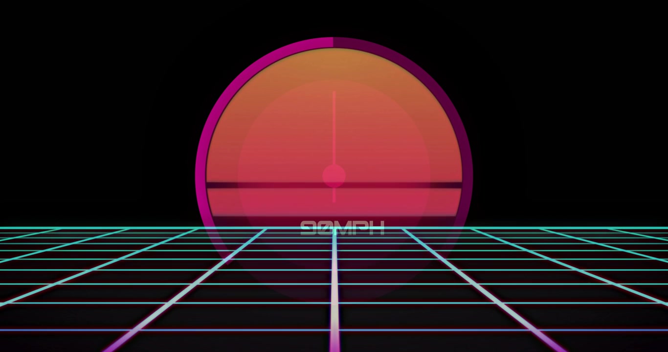 Loop in partenza, sole che pulsa all'orizzonte mentre una griglia al neon scintilla, testo che sfarfalla, evocando un bagliore retrò.