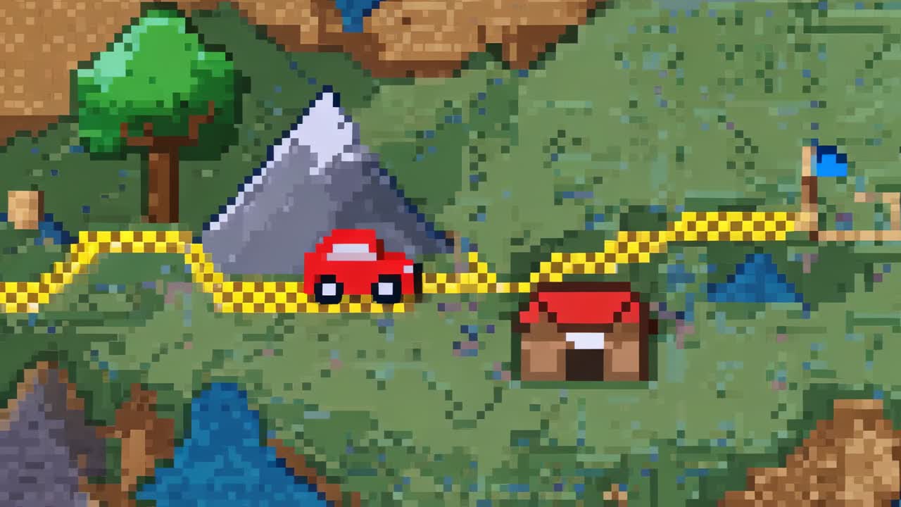 Starting route moving red pixel car rightward along yellow checkered road, aiming for blue flag