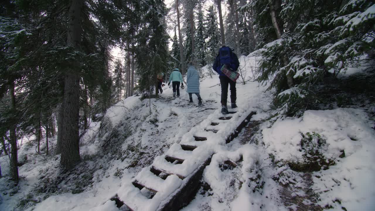 Turistas em floresta de inverno na Finlândia em uma trilha na floresta subindo as escadas