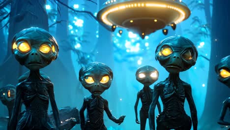 a group of aliens standing in front of a ufo