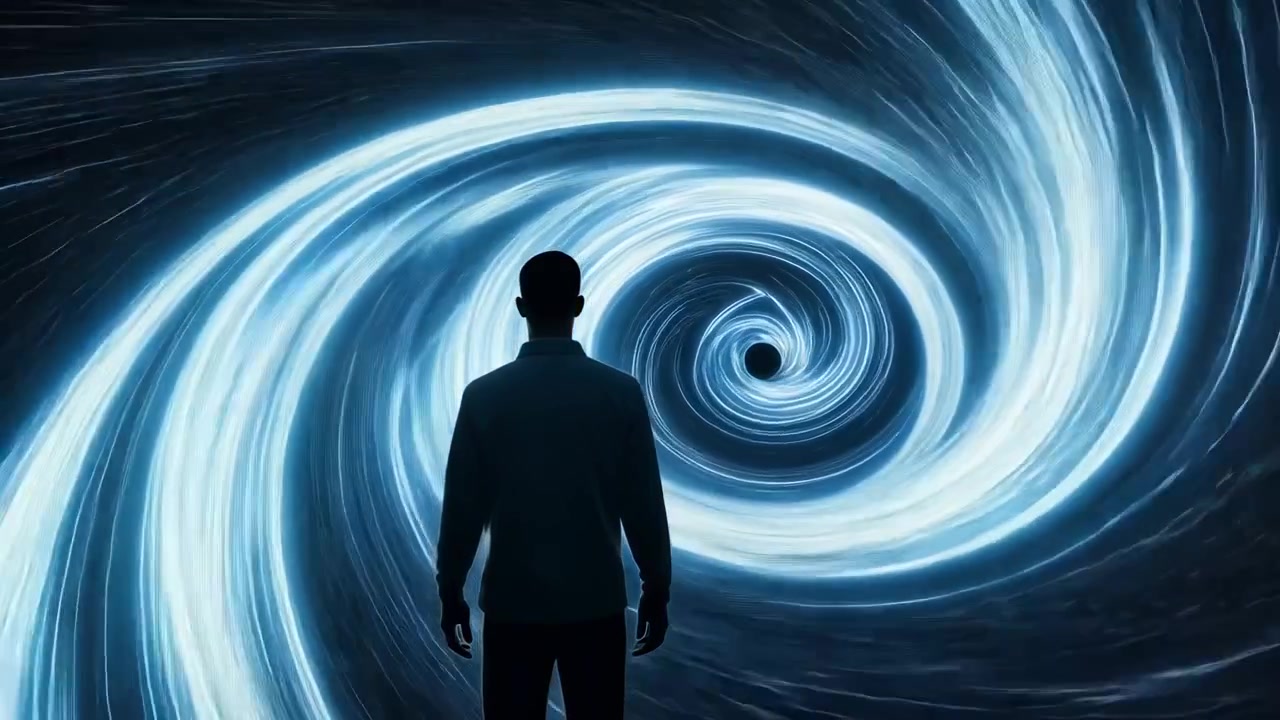 Silhouette of Man Facing a Swirling Blue Vortex