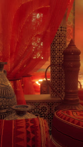 moroccan interior design: red curtains, pottery, and rich textures