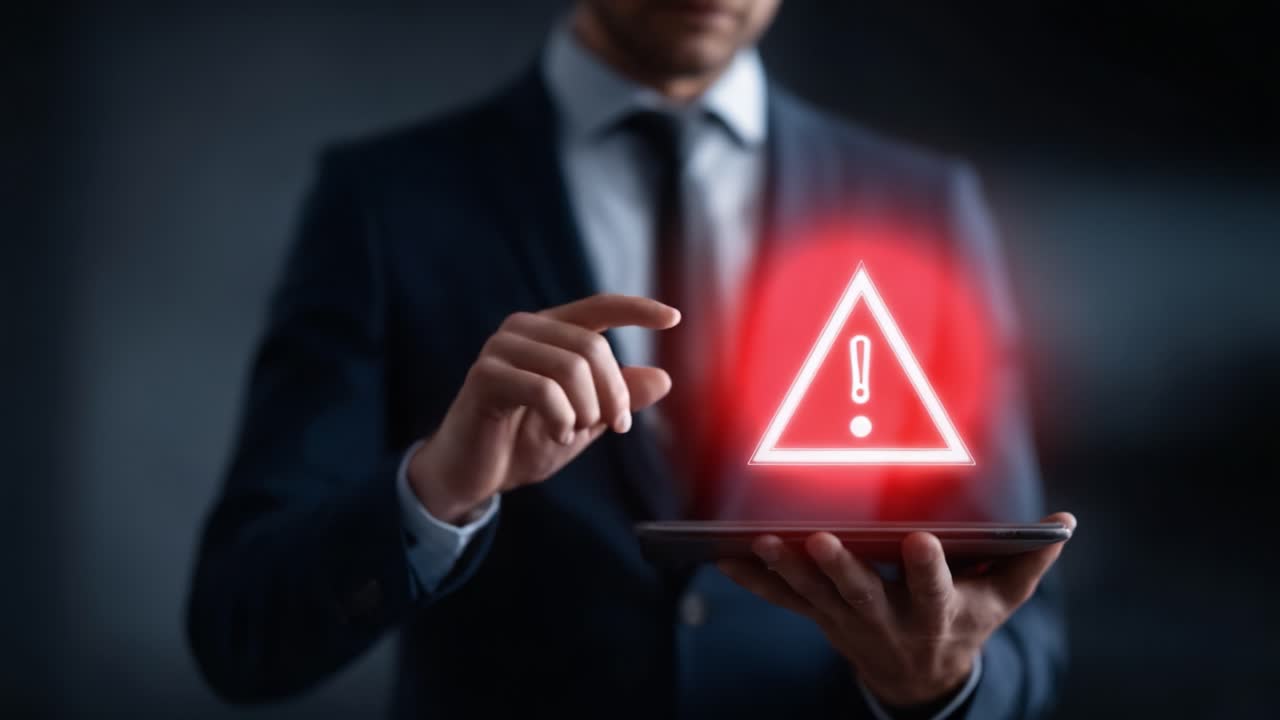 A Business Professional Interacting with a Warning Alert on a Tablet Device, Highlighting Critical Notifications and Emergency Signals in a Modern Digital Environment
