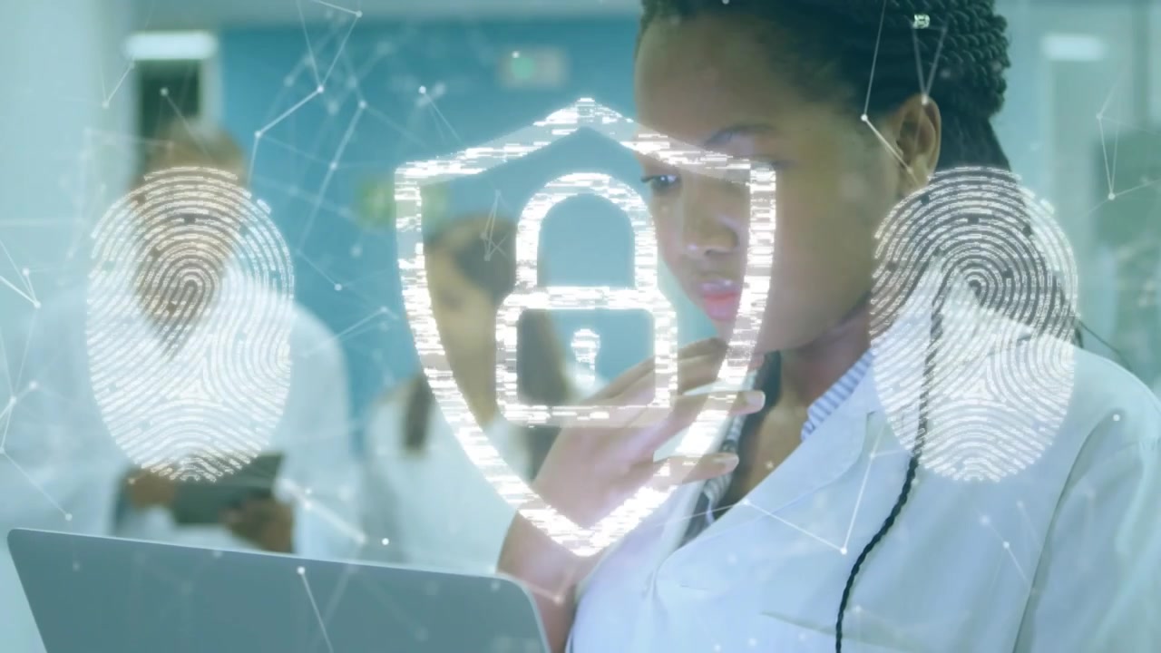 Woman doctor tapping trackpad securing patient data as glowing streams forming locked shield