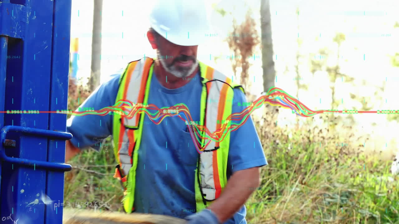 animación del procesamiento de datos sobre el campo de limpieza del trabajador masculino caucásico.