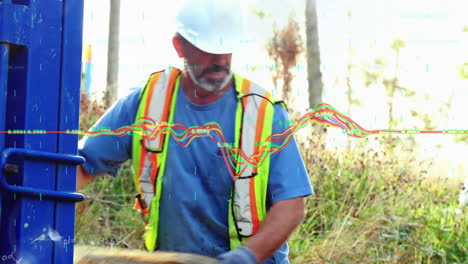 animation of data processing over caucasian male worker cleaning field