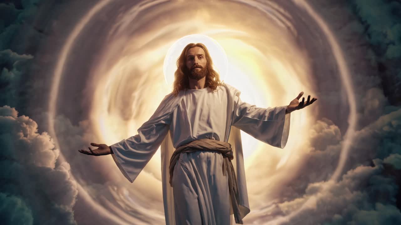 Heavenly figure in glowing light surrounded by clouds, viewed from a low angle, resembling a divine