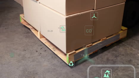 animation of data processing and ecology icons over warehouse